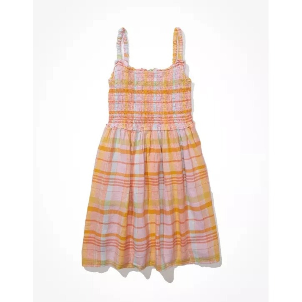 American Eagle Summer Dream Smocked Tank Dress Women's Medium Pink Orange Plaidā